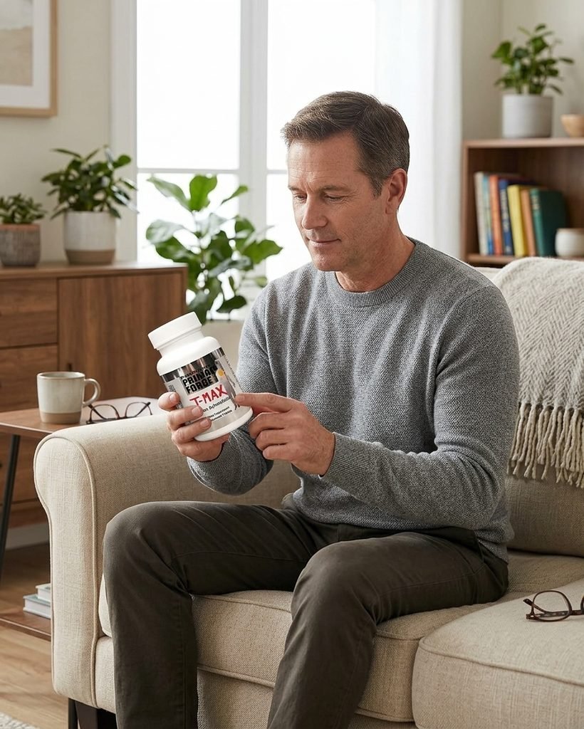Man reviewing a dietary supplement label before use